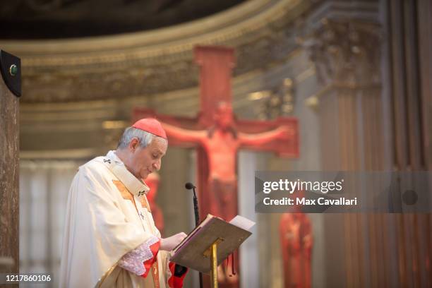 Bishop Matteo Zuppi celebrates Holy Thursday on a live stream in the Cathedral of Bologna on April 09, 2020 in Bologna, Italy. There have been well...