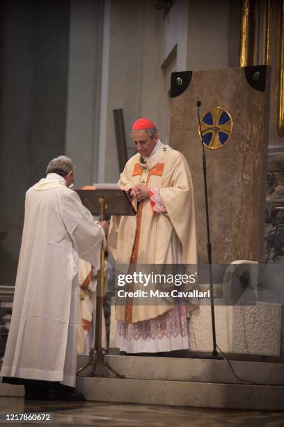 Bishop Matteo Zuppi celebrates Holy Thursday on a live stream in the Cathedral of Bologna on April 09, 2020 in Bologna, Italy. There have been well...