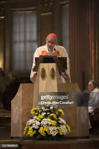 Bishop Matteo Zuppi celebrates Holy Thursday on a live stream in the Cathedral of Bologna on April 09, 2020 in Bologna, Italy. There have been well...