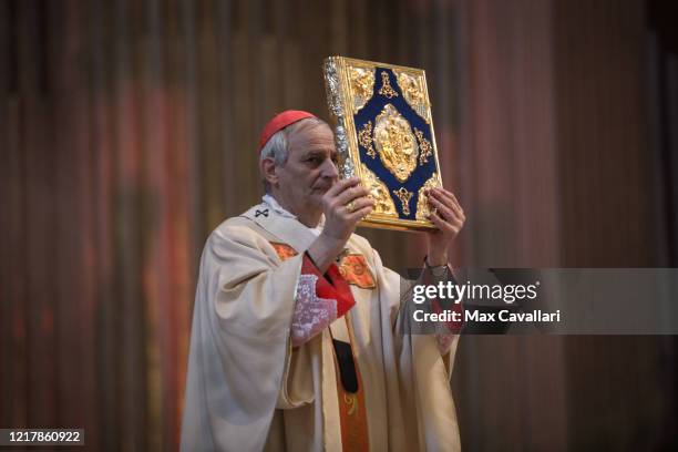 Bishop Matteo Zuppi celebrates Holy Thursday on a live stream in the Cathedral of Bologna on April 09, 2020 in Bologna, Italy. There have been well...