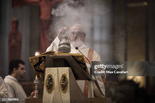 Holy Thursday service is performed on a live stream in the Cathedral of Bologna on April 09, 2020 in Bologna, Italy. There have been well over...