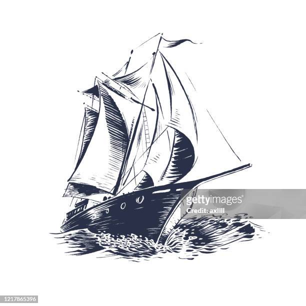 sailing ship wood cut - ancient stock illustrations