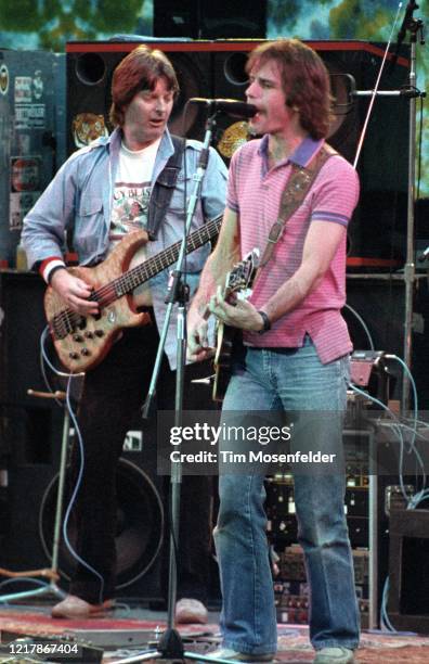 Phil Lesh and Bob Weir of the Grateful Dead perform at the Greek Theatre on August 14, 1983 in Berkeley, California.