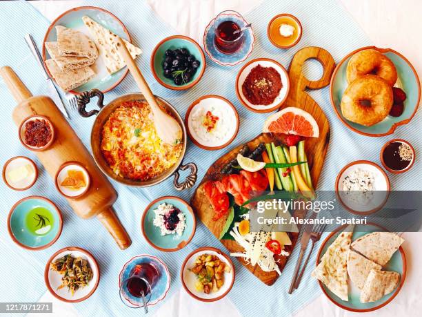 turkish breakfast on the table, high angle view - tzatziki photos et images de collection