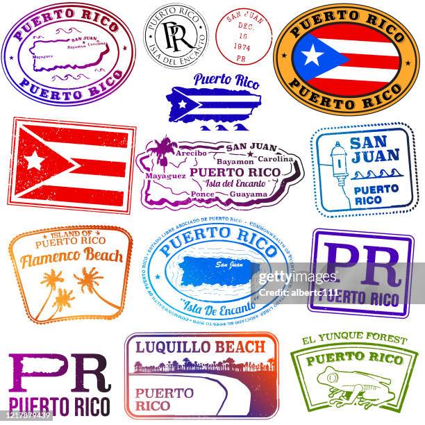 puerto rico vintage stil reise-briefmarken - san juan puerto rico stock-grafiken, -clipart, -cartoons und -symbole