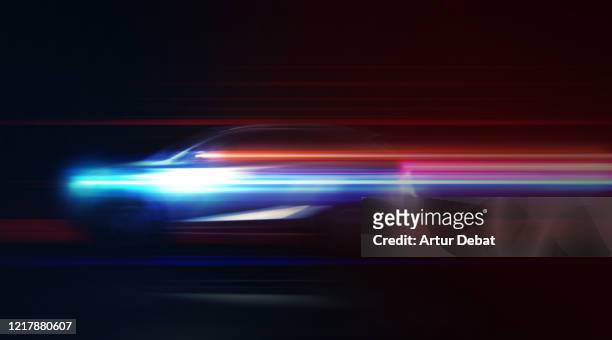 futuristic clean energy car driving fast with colorful light trails. - land vehicle 個照片及圖片檔
