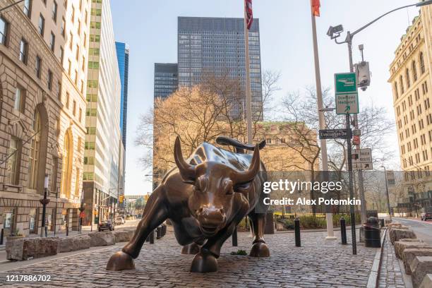 het iconische standbeeld van de stier van de heffing wordt niet omringd door de gebruikelijke menigte omdat de stad tijdens de staat van noodsituatie wordt verlaten die door de pandemie van covid-19 wordt veroorzaakt. - wall street stockfoto's en -beelden