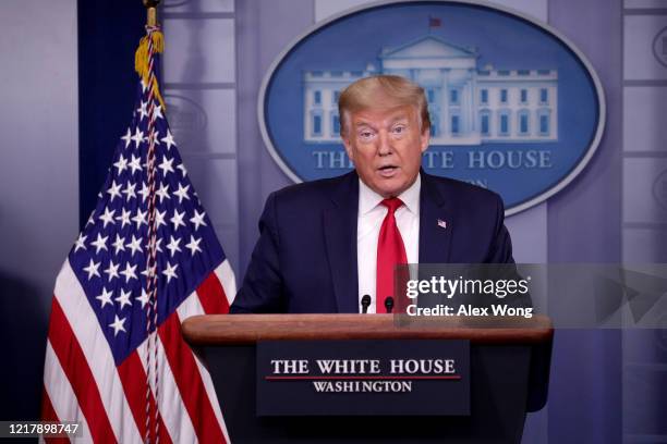 President Donald Trump speaks at the daily coronavirus briefing in the Brady Press Briefing Room at the White House on April 09, 2020 in Washington,...