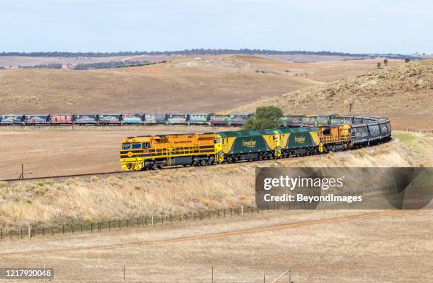 one rail australia (ora) loaded grain train rounding the famous callington curve - ora l stock pictures, royalty-free photos & images