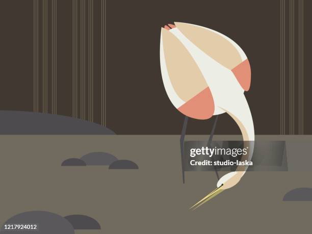 stylized minimalist geometric bird illustration, heron in natural setting. - indoor pool stock illustrations