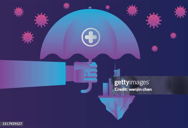 医師は、ウイルス攻撃から都市を保護するために傘を使用しています - cell tower点のイラスト素材／クリップアート素材／マンガ素材／アイコン素材
