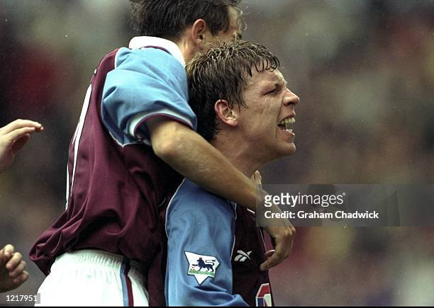 Alan Thompson of Aston Villa celebrates his goal during the FA Carling Premiership match against Middlesbrough played at Villa Park in Birmingham,...