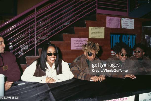 American singer and actress Aaliyah and American boyband Immature attend a press conference as Lifebeat's Counter AID announces its third annual...