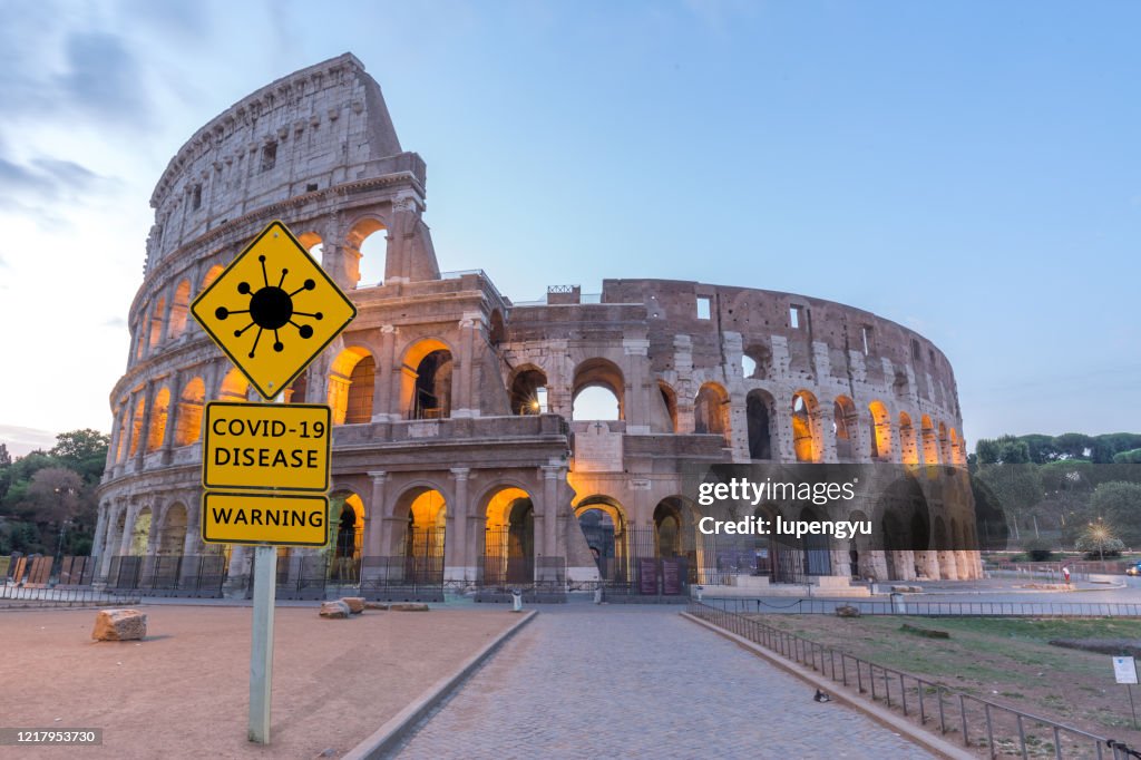 Covid-19 warning sign in Coliseum,Rome