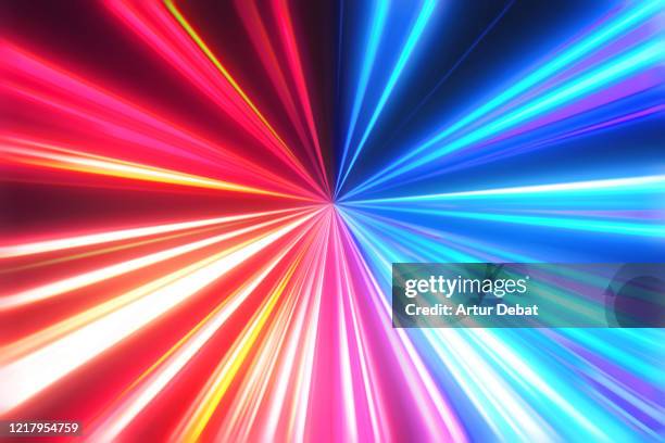 futuristic fast lights with red and blue colors in perfect vanishing point. - rastros de luz fotografías e imágenes de stock