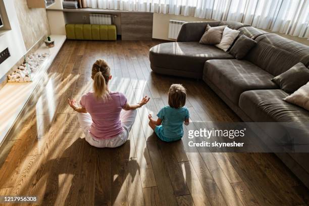 back view of a single mother and son meditating in the living room. - child yoga elevated view stock pictures, royalty-free photos & images