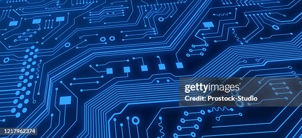 Microelectronics Graphic Modern Technologies Microelectronic Circuit With Shiny Blue Lines ...