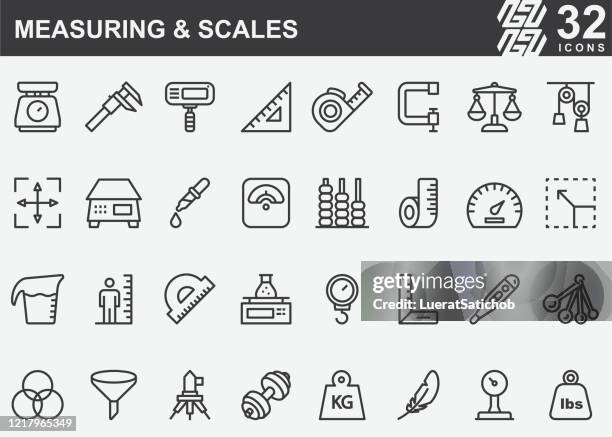 illustrazioni stock, clip art, cartoni animati e icone di tendenza di icone delle linee di misurazione e ridimensionazione - measuring height