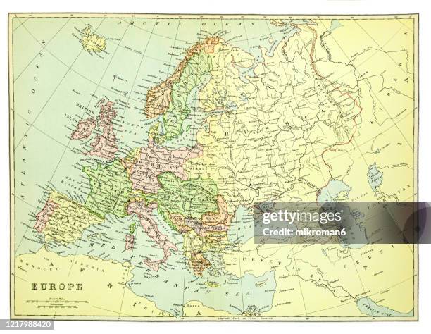 old map of europe - published 1894. antique illustration, popular encyclopedia published 1894. copyright has expired on this artwork - old world map stockfoto's en -beelden