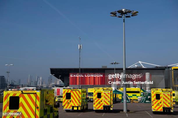 General view outside the NHS nightingale hospital at the Excel on April 10, 2020 in London, England. Public Easter events have been cancelled across...