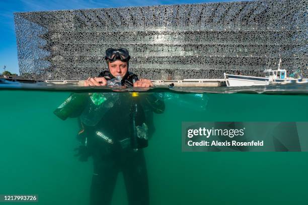 In front of MUCEM, a scientific diver from Septentrion Environnement, picks up plastic and glass bottles during a cleaning operation of the historic...