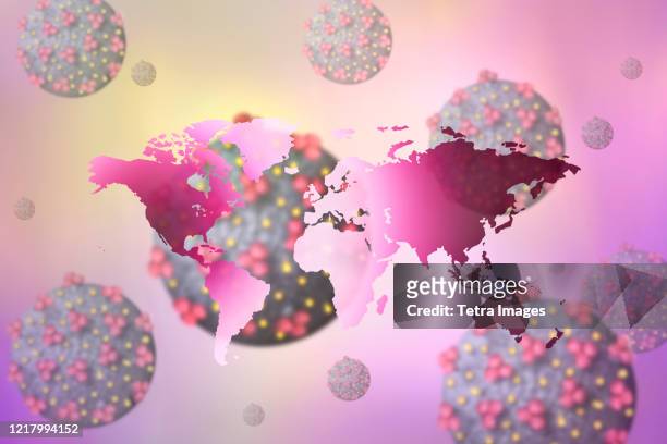 illustrazioni stock, clip art, cartoni animati e icone di tendenza di digitally generated image of world map with coronavirus - sparse