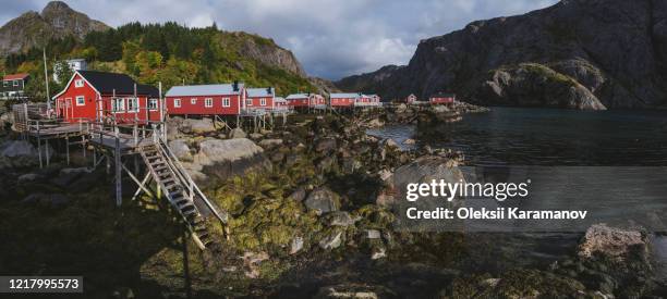 norway, lofoten islands, nusfjord, panoramic view of fishing village with red houses - archipelago stock pictures, royalty-free photos & images
