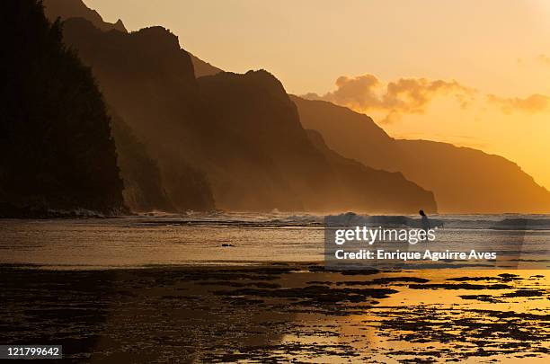 surfer on beach and na pali coast seen from ke'e beach, ha'ena, kauai, hawaii - kauai stock pictures, royalty-free photos & images