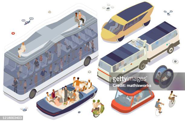 futuristic cars and other vehicles - bus isometric stock illustrations
