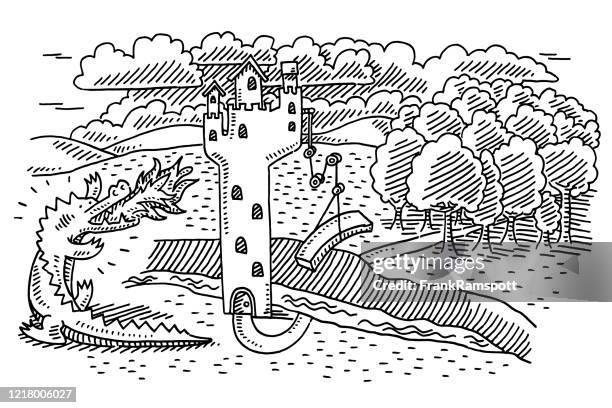 fairy tale castle and fire dragon drawing - fierce dragon stock illustrations