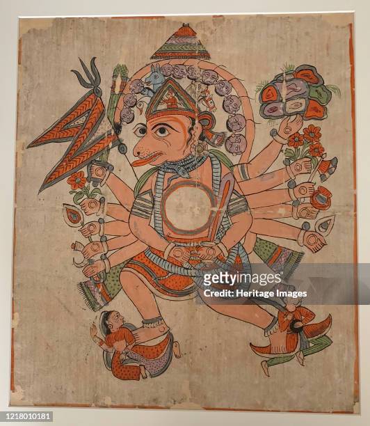 Hanuman in His Tantric Five-Headed Pancha Mukha Form, circa late 19th century. Trampling on demons and brandishing an array of weapons. Artist...