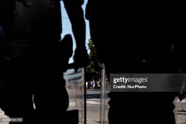 Group of anti riot policeman during the protest at Circo Massimo in Rome, Italy, on June 6, 2020. The protest is call from several ultras IIalian...