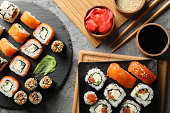 Composition with delicious sushi rolls. Japanese food