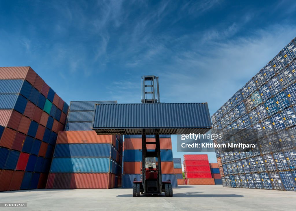 Forklift truck lifting cargo container in shipping yard or dock yard against blue sky with cargo container stack in background for transportation import,export and logistic industrial concept