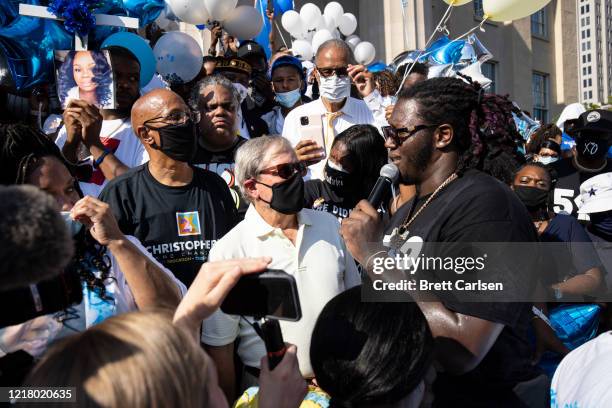 Jamon Brown of the Atlanta Falcons delivers remarks during a vigil for Breonna Taylor on June 6, 2020 in Louisville, Kentucky. This is the 12th day...