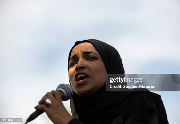 Rep. Ilhan Omar speaks to a crowd gathered for a march to defund the Minneapolis Police Department on June 6, 2020 in Minneapolis, Minnesota. The...