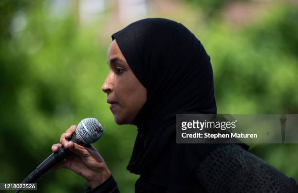 Rep. Ilhan Omar speaks to a crowd gathered for a march to defund the Minneapolis Police Department on June 6, 2020 in Minneapolis, Minnesota. The...