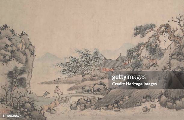 Landscape with Man Crossing Bridge. Ming or Qing dynasty. Artist Shen Zhou.