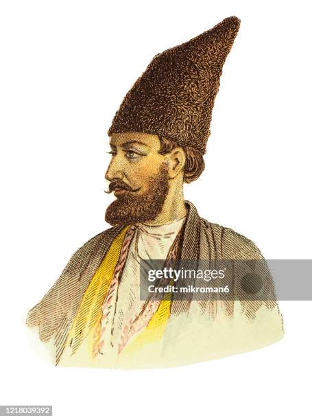 old engraved illustration of ethnology, races of man - persian man. antique illustration, popular encyclopedia published 1894. copyright has expired on this artwork - persian stock pictures, royalty-free photos & images