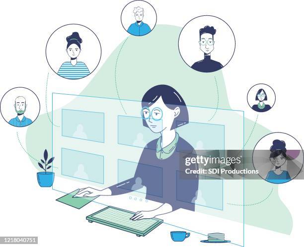 20200331_ill_workfromhomevector_virtualmeeting1 - arbeitszimmer stock-grafiken, -clipart, -cartoons und -symbole