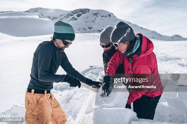 friends carve snow to build igloo - igloo stock pictures, royalty-free photos & images