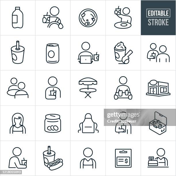 ilustrações, clipart, desenhos animados e ícones de ícones da linha fina do refrigerante - curso editável - beber