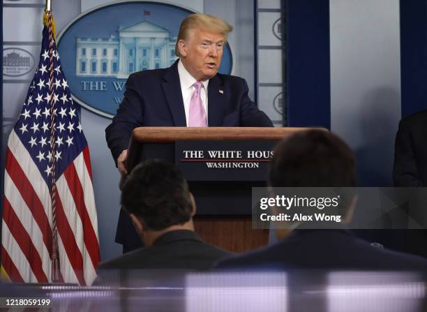 President Donald Trump speaks during the daily briefing of the White House Coronavirus Task Force in the James Brady Briefing Room April 10, 2020 at...