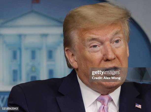 President Donald Trump speaks during the daily briefing of the White House Coronavirus Task Force in the James Brady Briefing Room April 10, 2020 at...