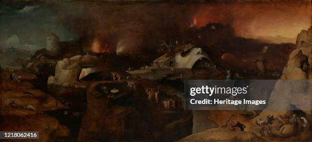 Christ's Descent into Hell. Desolate landscape with a burning city at the right and the river Styx. Artist Unknown.