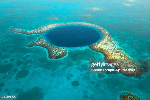 aerial view of the great blue hole, lighthouse atoll, caribbean sea off coast of belize.  this undewater sinkhole was formed from an eroded limestone cave in the last glacial period, subsequently flooded by sea level rise. - belize stock-fotos und bilder