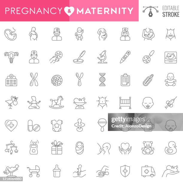 pregnancy and maternity line icon set. editable stroke. - labor childbirth stock illustrations