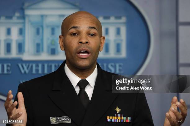 Surgeon General Jerome Adams speaks during the daily briefing of the White House Coronavirus Task Force in the James Brady Briefing Room April 10,...