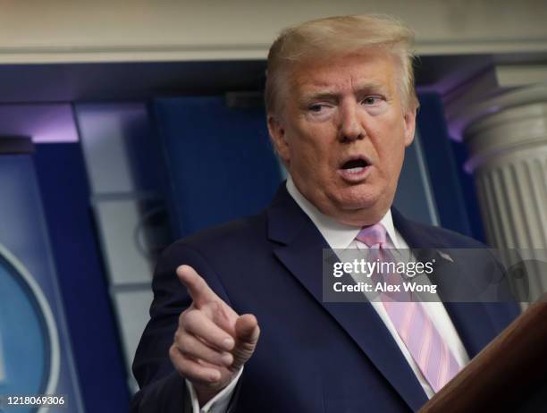 President Donald Trump speaks during the daily briefing of the White House Coronavirus Task Force in the James Brady Briefing Room April 10, 2020 at...