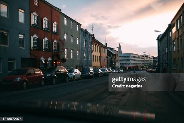 evening view on the street in reykjavik - reykjavik stock pictures, royalty-free photos & images